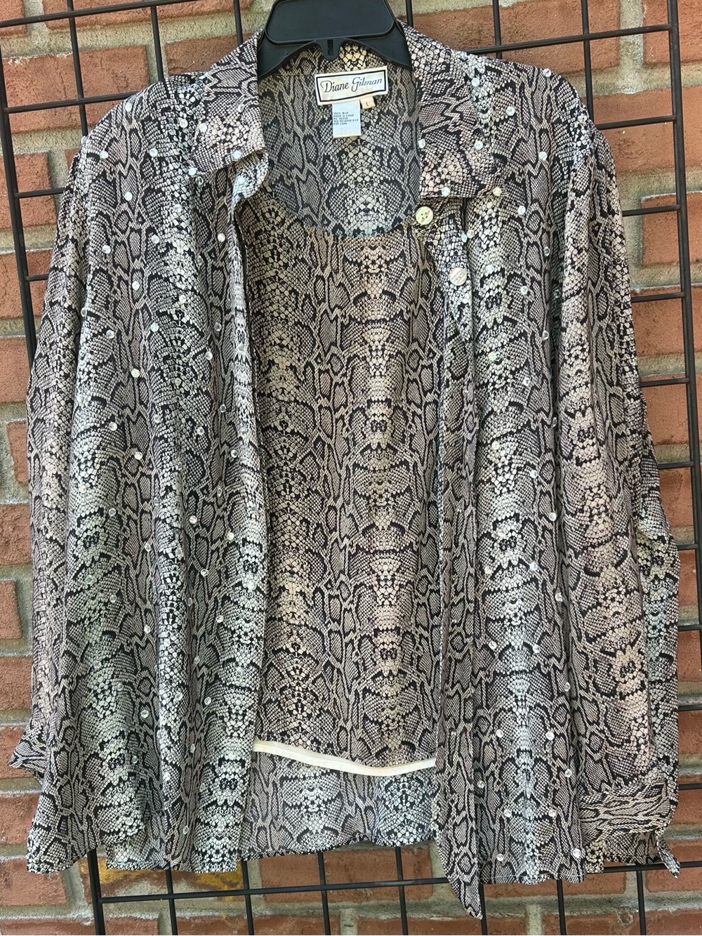 Vintage Diane Gilman Neutral Snake-Print Button Front Shirt Set 100% Silk